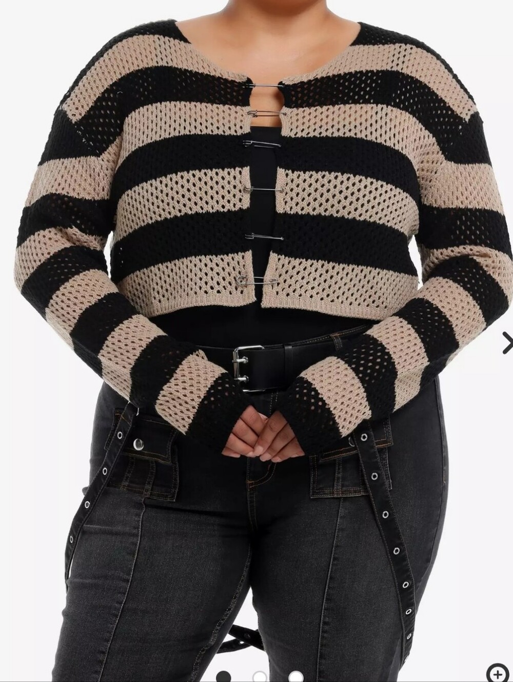 Social Collision Plus Black Tan Crop Open Knit Safety Pin Sweater NWT Hot Topic